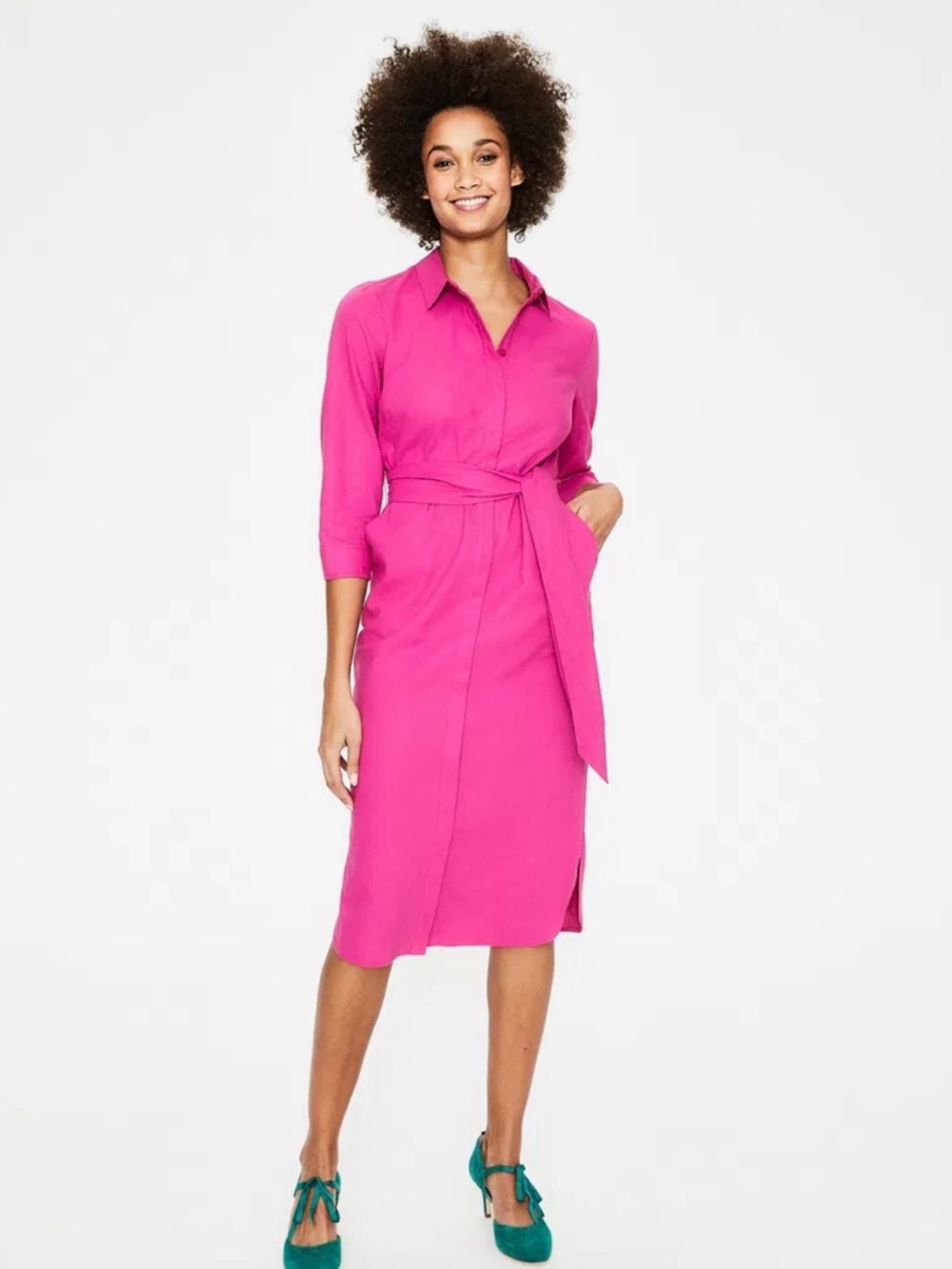 Boden Linen Cotton Midi Shirt Dress 3/4 Sleeve Button Front Pink Size 8R